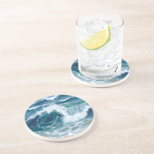 Golvende oceaan golven   Kust blauw aquarel Zandsteen Onderzetter