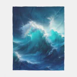 Golvende Oceaan Golven Turbulent Blauw Turkoois Fleece Deken