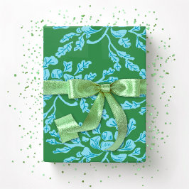 Golvende Pioen Houtsnede in Groen en Aqua Cadeaupapier