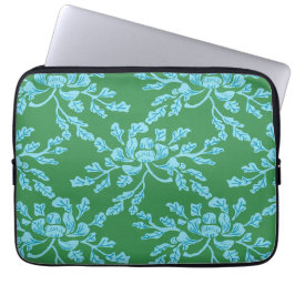 Golvende Pioen Houtsnede in Groen en Aqua Laptop Sleeve