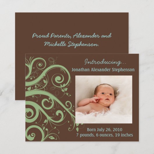 Golvende Ranken Groen & Bruine Baby Jongen Foto Ge Aankondiging (Voorkant / Achterkant)