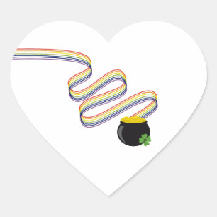 Golvende regenboogstrepen leiden naar pot met goud hart sticker