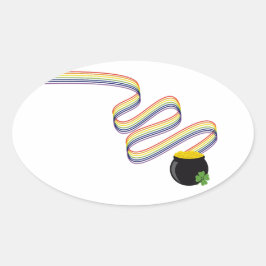Golvende regenboogstrepen leiden naar pot met goud ovale sticker