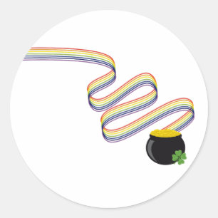 Golvende regenboogstrepen leiden naar pot met goud ronde sticker