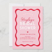 Golvende Retro Roze en Rode Moderne Bruidsdouche Kaart (Voorkant)