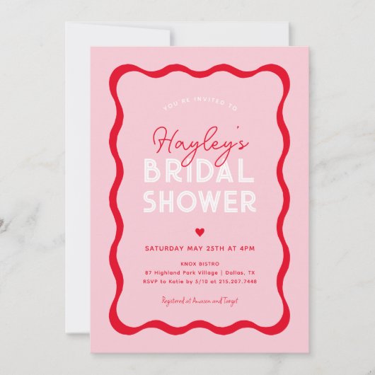 Golvende Retro Roze en Rode Moderne Bruidsdouche Kaart (Voorkant)