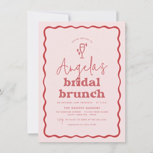 Golvende Retro Roze & Rood Groovy Moderne Bruidsbr Kaart (Voorkant)