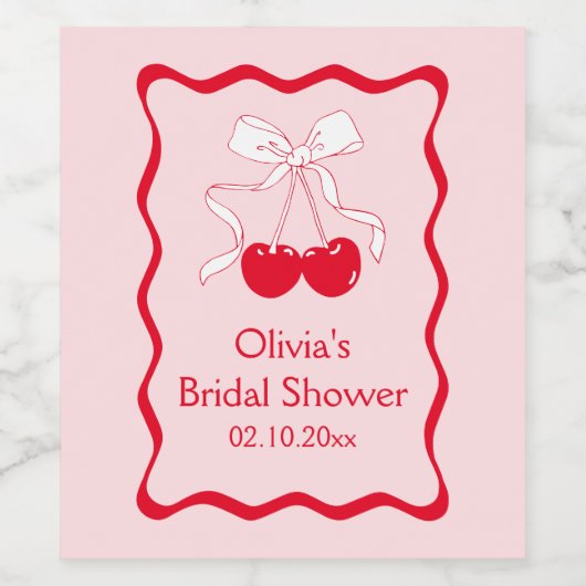 Golvende Rode Roze Kers Op Top Boog Bruidsdouche Wijn Etiket (Enkel label)