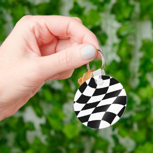 Golvende Zwarte en Witte Geruite Vlag Racing Sleutelhanger