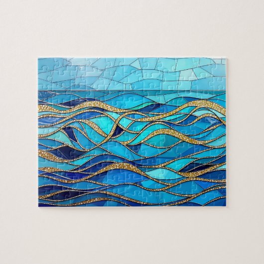 Golvenzee Blauw en Goud Mozaïek Kunst Legpuzzel (Horizontaal)