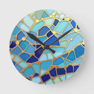 Golvenzee Blauw en Goud Mozaïek Kunst Ronde Klok