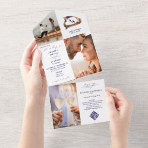 Gondola Monogram Crest 3 Foto QR Code Blu Wedding All In One Uitnodiging
