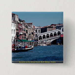 Gondola op het Grand Canal, Rialto Bridge, Veneti Vierkante Button 5,1 Cm