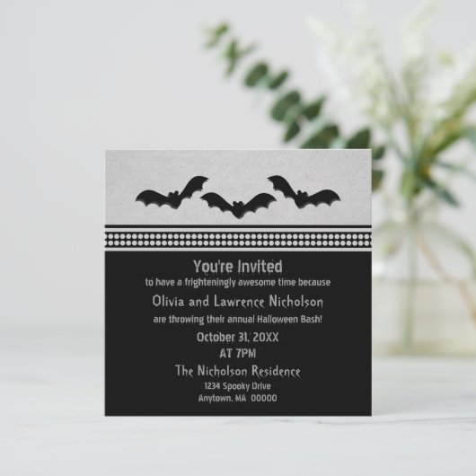 Gone Batty Halloween Party Invite, Light Grey Kaart (Staand voorkant)