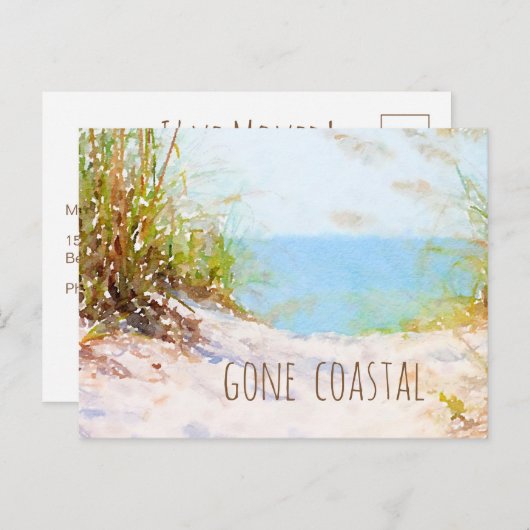 Gone Coastal New Home Beach Path Waterverf Aankondigingskaart (Voorkant / Achterkant)
