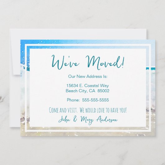 Gone Coastal New Home Wave op het strand Waterverf Aankondiging (Achterkant)