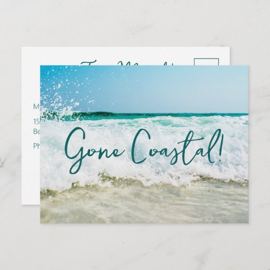 Gone Coastal New Home Wave op het strand Waterverf Aankondigingskaart (Voorkant / Achterkant)