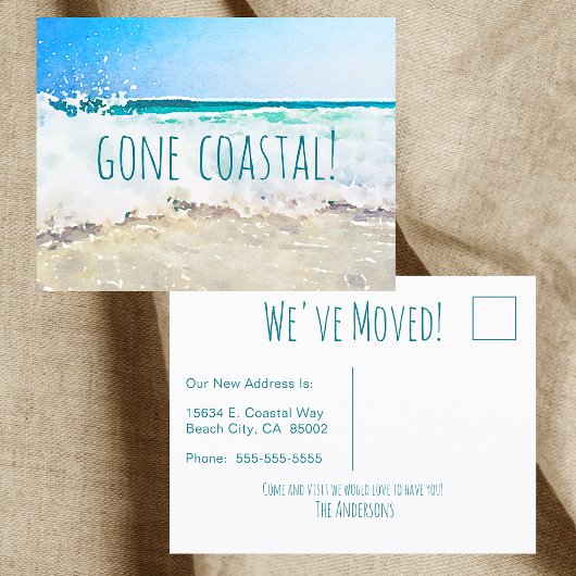 Gone Coastal New Home Wave op het strand Waterverf Aankondigingskaart