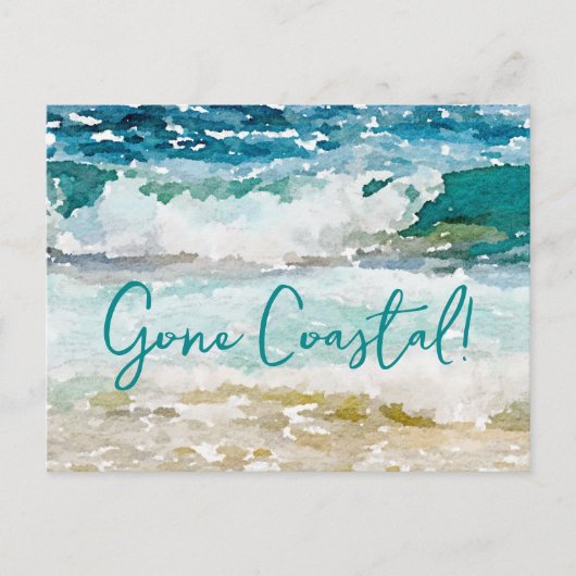Gone Coastal New Home Wave op het strand Waterverf Aankondigingskaart (Voorkant)