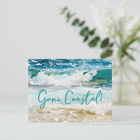Gone Coastal New Home Wave op het strand Waterverf Aankondigingskaart (Staand voorkant)
