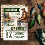 Gone Gevist Fisherman Scene Verjaardagsfeest Kaart<br><div class="desc">"Gone Gevist" Visser zittend aan de oever van het meer vissen Birthday Party ontwerp.</div>