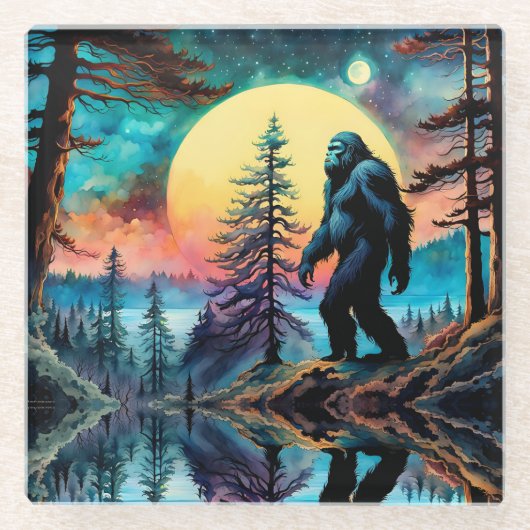 Gone Squatchin' Kleurrijke Sasquatch Landschap Glazen Onderzetter (Voorkant)
