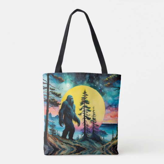 Gone Squatchin' Kleurrijke Sasquatch Landschap Tote Bag (Achterkant)