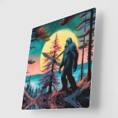 Gone Squatchin' Kleurrijke Sasquatch Landschap Vierkante Klok (Hoek)