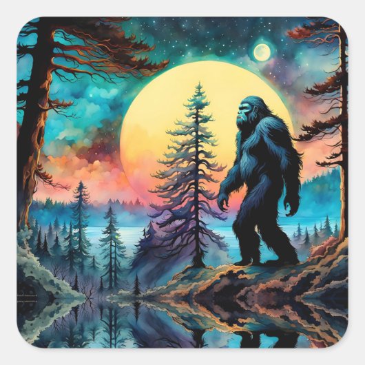 Gone Squatchin' Kleurrijke Sasquatch Landschap Vierkante Sticker (Voorkant)