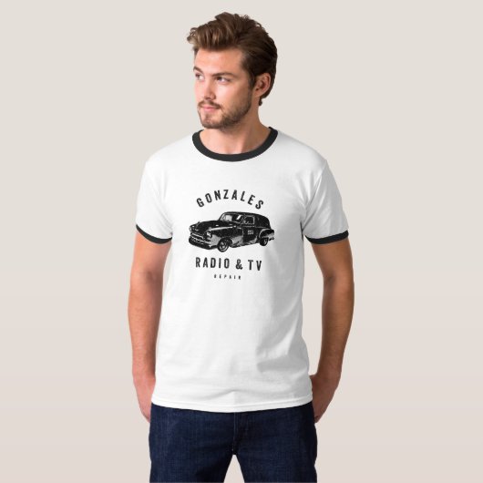 Gonzales Radio & TV Reparatie Mannen Ringer T-shir T-shirt (Voorkant volledig)