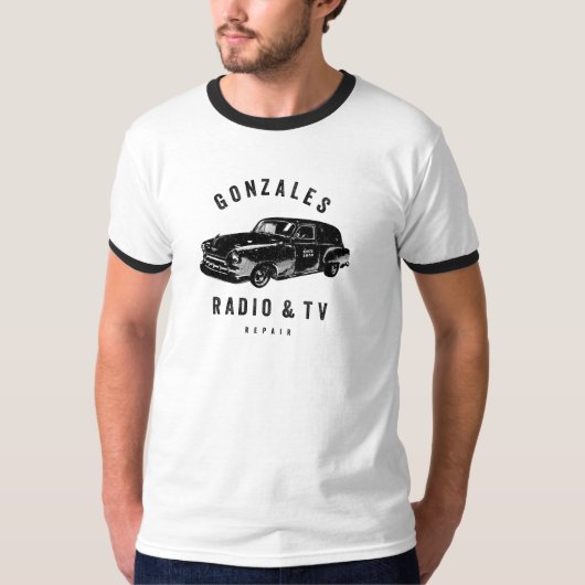 Gonzales Radio & TV Reparatie Mannen Ringer T-shir T-shirt (Voorkant)