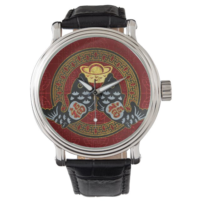 Good Fortune Symbool met Koi Fish en munt Horloge (Voorkant)