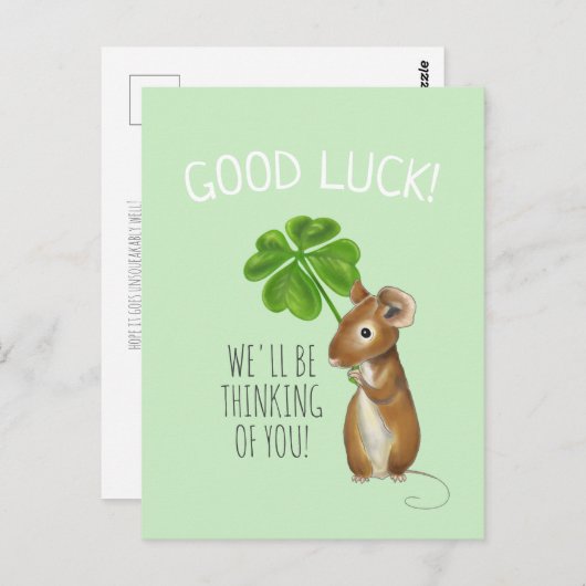 Good Luck Kaart, Sweet Mouse en Four Leaf Clover C Briefkaart (Voorkant / Achterkant)