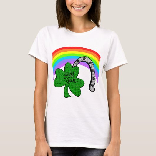 Good Luck Shamrock, Rainbow en Hoefijzer T-Shirt (Voorkant)