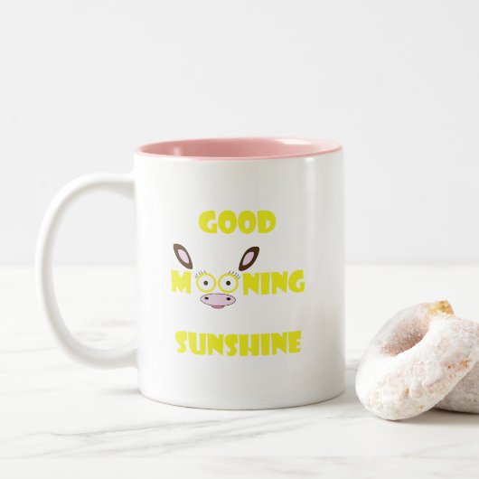 Good "Mooning" Sunshine Cow logo Tweekleurige Koffiemok (Met donut)