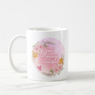 "Good Morning Beauful"-script, roze Floral Koffiemok