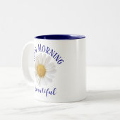 Good Morning Blue Text White Daisy Tweekleurige Koffiemok (Voorkant links)