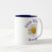 Good Morning Blue Text White Daisy Tweekleurige Koffiemok (Voorkant rechts)