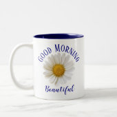 Good Morning Blue Text White Daisy Tweekleurige Koffiemok (Links)