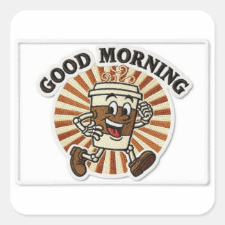 "Good Morning" Coffee Cup Mascot Embroidered Patch Vierkante Sticker