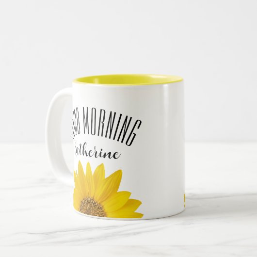 Good Morning Custom Name Sunflower Tweekleurige Koffiemok (Voorkant links)