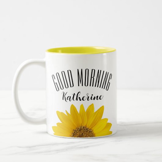 Good Morning Custom Name Sunflower Tweekleurige Koffiemok (Links)