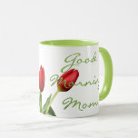 Good Morning Mom Red Tulip Flowers Mok<br><div class="desc">Uniek,  origineel en fun drinking mug voor kluis,  tea,  milk,  joods. With a cute image of beautiful red colored Dutch Tulips,  and "Good Morning Mom" text. A sweet,  thoughtful and romantic every day,  Mother's Day,  birthday or Christmas present.</div>