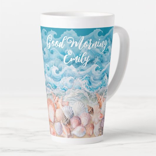 Good Morning Personalized Beach Latte Mug Mok (Rechterhoek)