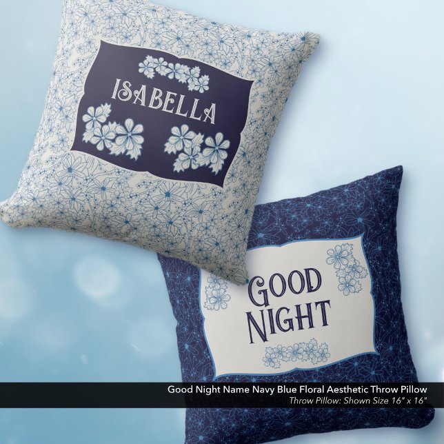 Good Night Name Navy Blue Floral Aesthetic Kussen (Good Night Navy Blue Floral Aesthetic Throw Pillow–Personalized with Your Name)