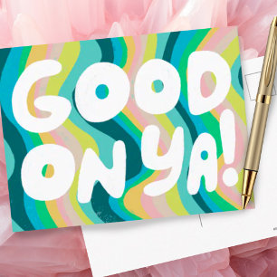 GOOD ON YA Bubble Letters Roze Groen Strepen Briefkaart