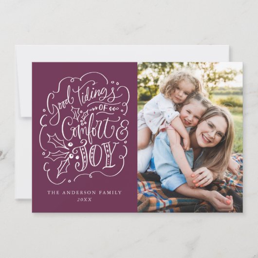 Good Tidings of Comfort & Joy Typography Paars Feestdagenkaart (Voorkant)