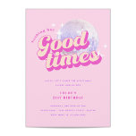 Good Times Groovy Pink Birthday Party Invitation Kaart<br><div class="desc">Deze roze partijuitnodiging bevat een disco bal en retro typografie, die het een leuk en speels beeld geeft. De voorkant van de uitnodiging is voorzien van een roze achtergrond en een glitterende disco bal, die de toon zet voor een levendige en energieke viering. De retro typografie voegt aan het thema...</div>