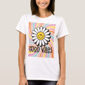 Good Vibes com Flor Sorridente Estampa Psicodélico T-shirt (Voorkant)