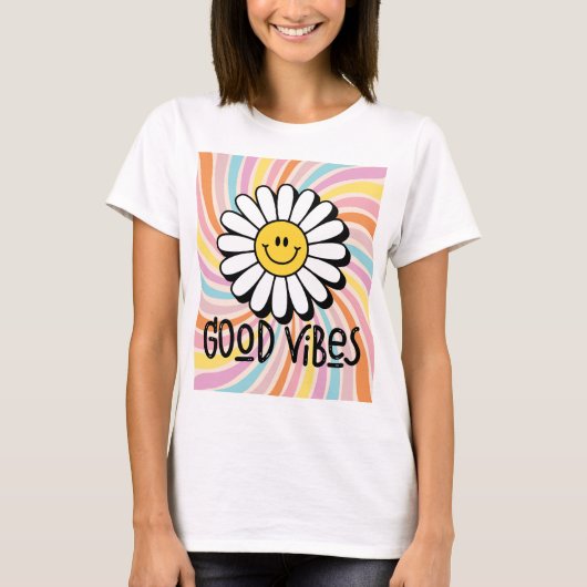 Good Vibes com Flor Sorridente Estampa Psicodélico T-shirt (Voorkant)
